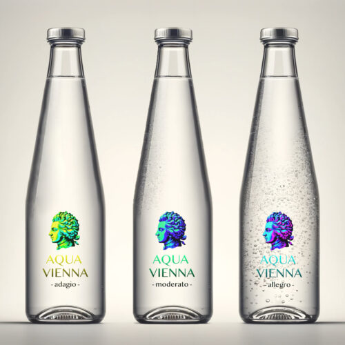 Aqua Vienna Kollektion – stille und sprudelnde Alpenwasserflaschen mit farbigem Mozart-Logo und Aqua Vienna Branding.