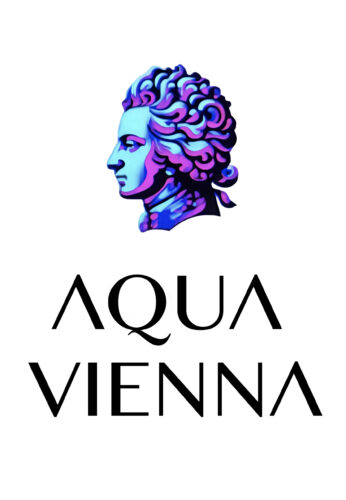Aqua Vienna Logo – stilisierter Mozart-Kopf in Farbverlauf über moderner Aqua Vienna Schrift.